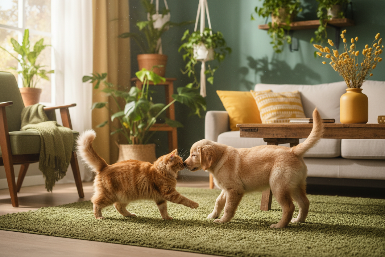 je veux une image qui se rapproche au maximum de la réalité d'un chat et d'un chien qui jouent ensemble dans une maison avec des couleurs chaude tel que le vert et le jaune 